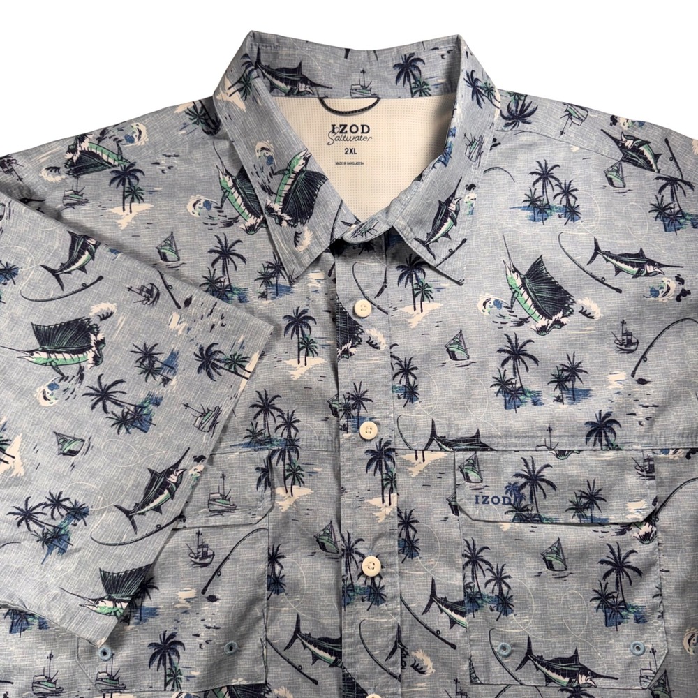 IZOD Saltawater Mens 2XL Short Sleeve Button Up Shirt Fishing Sailfish Palms‎